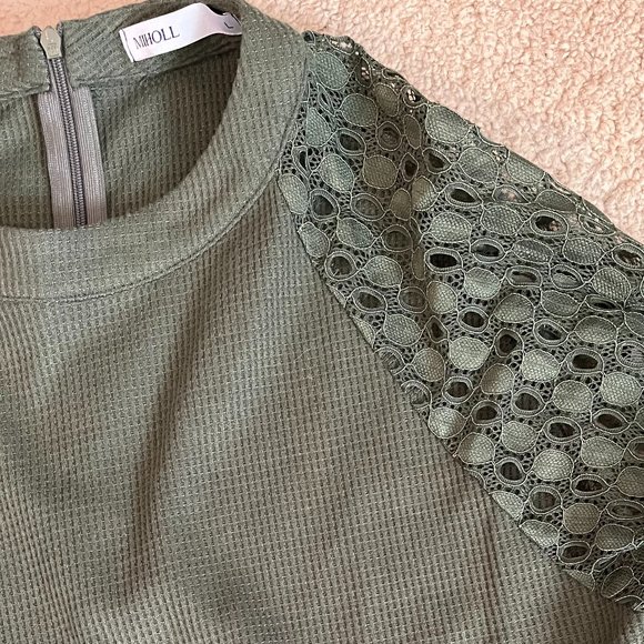 Miholl *Olive Green* Long Sleeve Top | Balloon Lace Sleeves | Zip Closure | EUC - Picture 7 of 10
